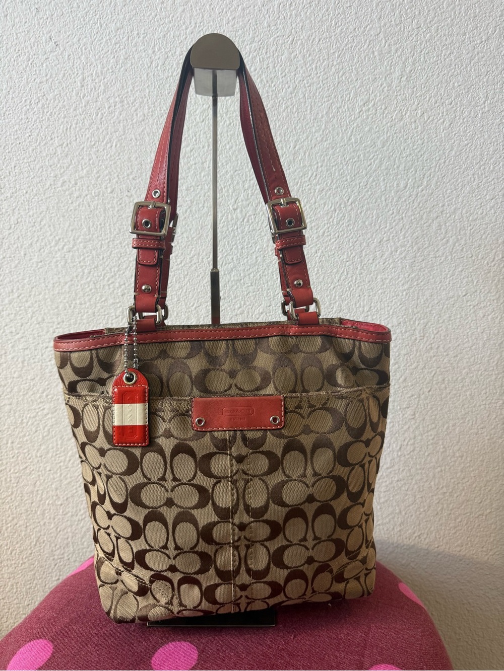 Coach Signature Tote Bag Khaki Brown Salmon Peach Leather Trim
